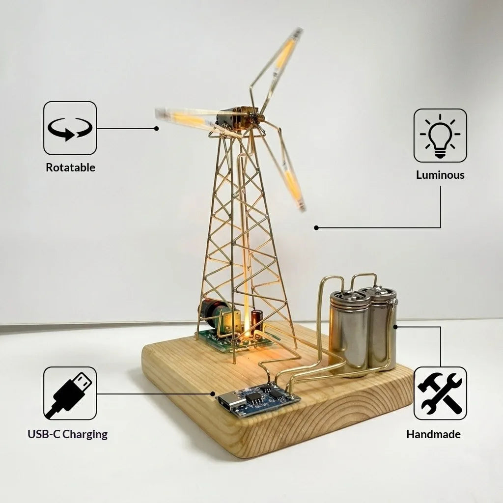 DIY Windmill Light Kit Industrial Bedside Ambient Lamp Copper Desk Decor Birthday/Holiday Gift Adjustable Speed Glowing Blades