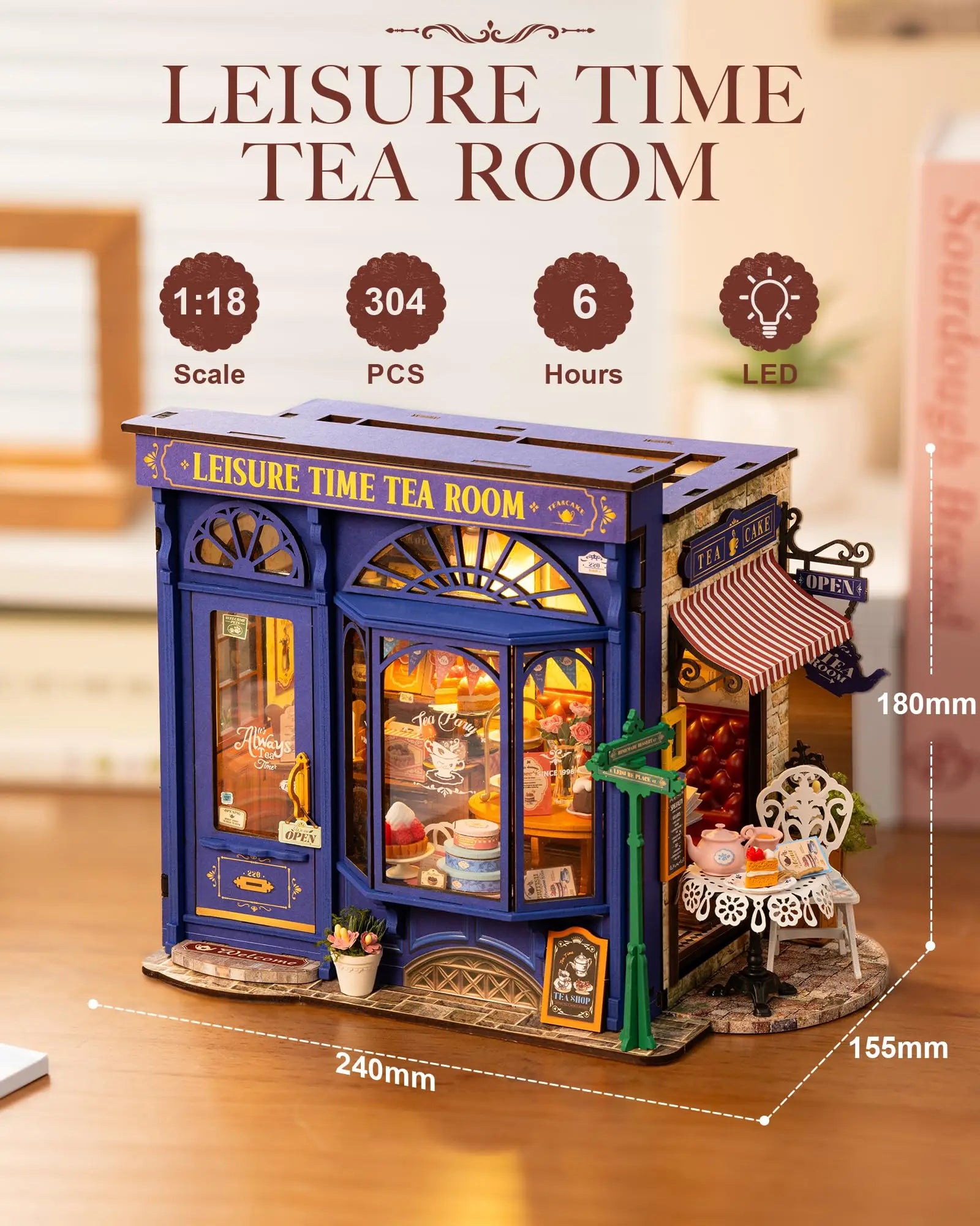 Robotime DIY Miniature Leisure Time Tea Room Dollhouse 3D Wooden Puzzle Toys Precolored Wood Home Decor for Teens&Adults